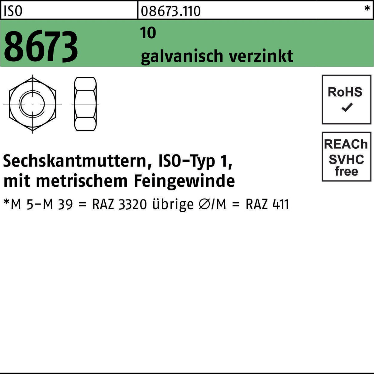 F. REYHER Sechskantmutter ISO 8673 M30x1,5 – 10 Stück, galvanisch verzinkt