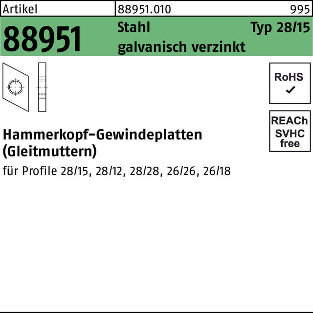F. REYHER Hammerkopfgewindeplatte R 88951 Typ 28/15 M6 Stahl galvanisch verzinkt 100 Stück