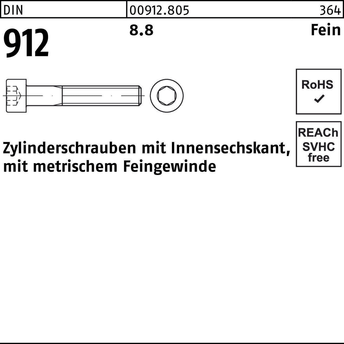 F. REYHER Zylinderschraube DIN 912 Innen-6kt M10x1x50 8.8