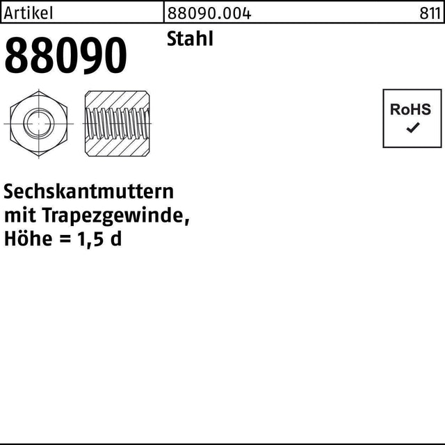 F. REYHER Sechskantmutter R 88090 mit Trapezgewinde TR16x4 SW27x24 Stahl Höhe 1,5d