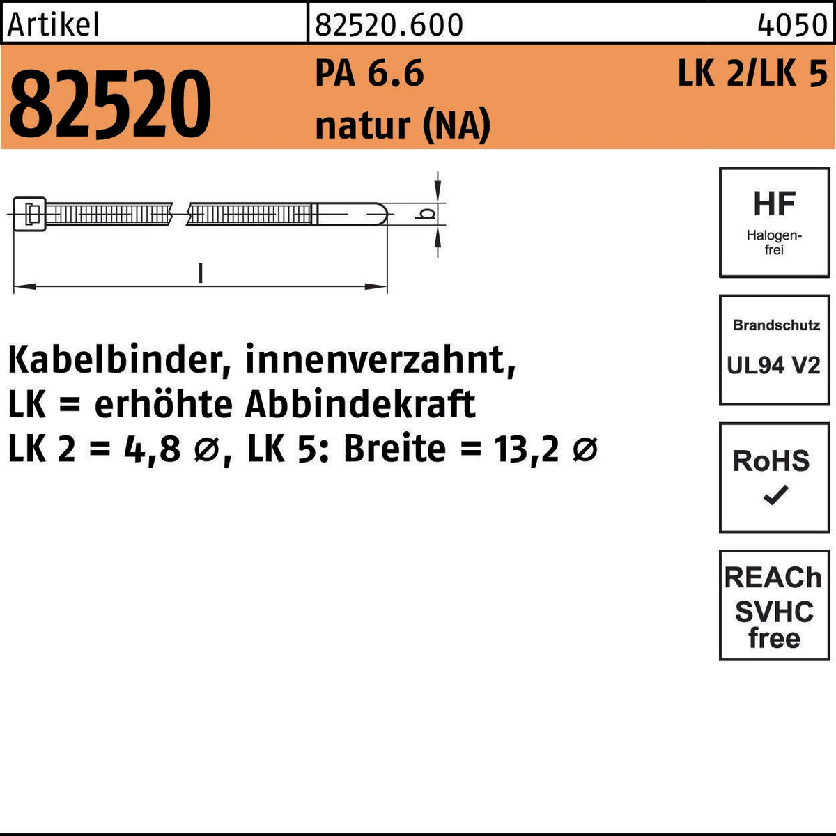 HELLERMANNTYTON Kabelbinder R 82520 4,8 x 120 mm Polyamid 6.6 natur