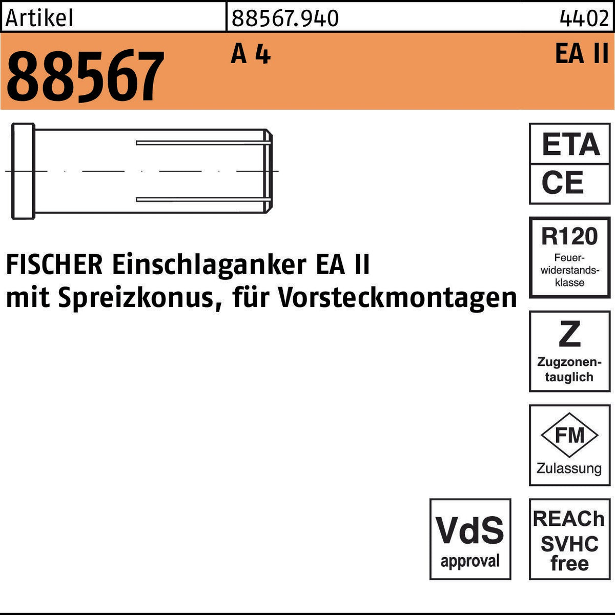 FISCHER Einschlaganker EA II M6x30 Stahl galvanisch verzinkt 100 Stück