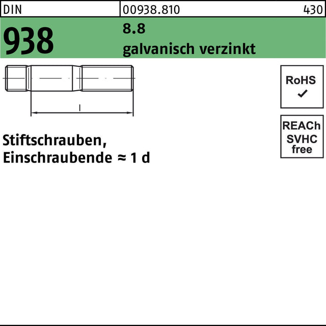 F. REYHER Stiftschraube DIN 938 M8x20 8.8 galvanisch verzinkt