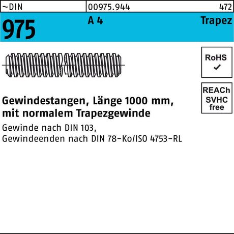 F. REYHER Gewindestange DIN 975 Trapezgewinde TR 16x4x1000mm A4 – 1 Stück