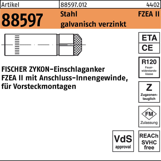 FISCHER ZYKON Einschlaganker FZEA II 10x40 M8 Stahl verzinkt 100 Stück
