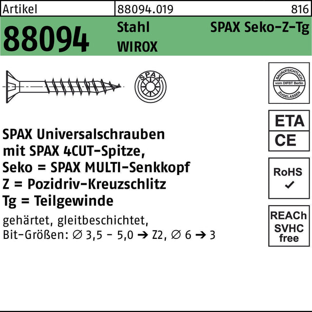SPAX Seko-Z-Tg Universalschrauben 5x65 mm WIROX Stahl 200 Stück