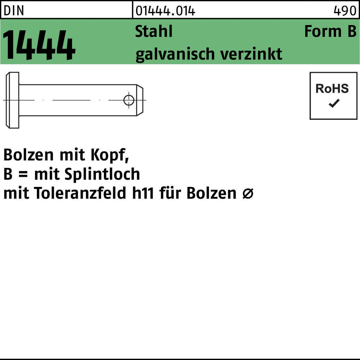 F. REYHER Bolzen DIN 1444 Form B mit Kopf und Splintloch 8x20 mm Stahl verzinkt 100 Stück