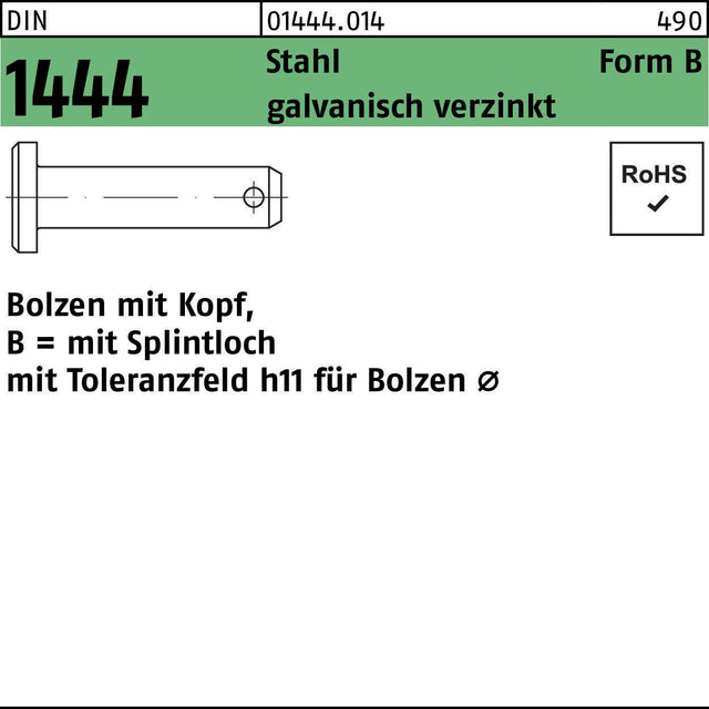 F. REYHER Bolzen DIN 1444 Form B mit Kopf und Splintloch 8x20 mm Stahl verzinkt 100 Stück