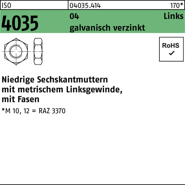 F. REYHER Sechskantmutter ISO 4035 Niedrig M6 Linksgewinde verzinkt 100 Stück