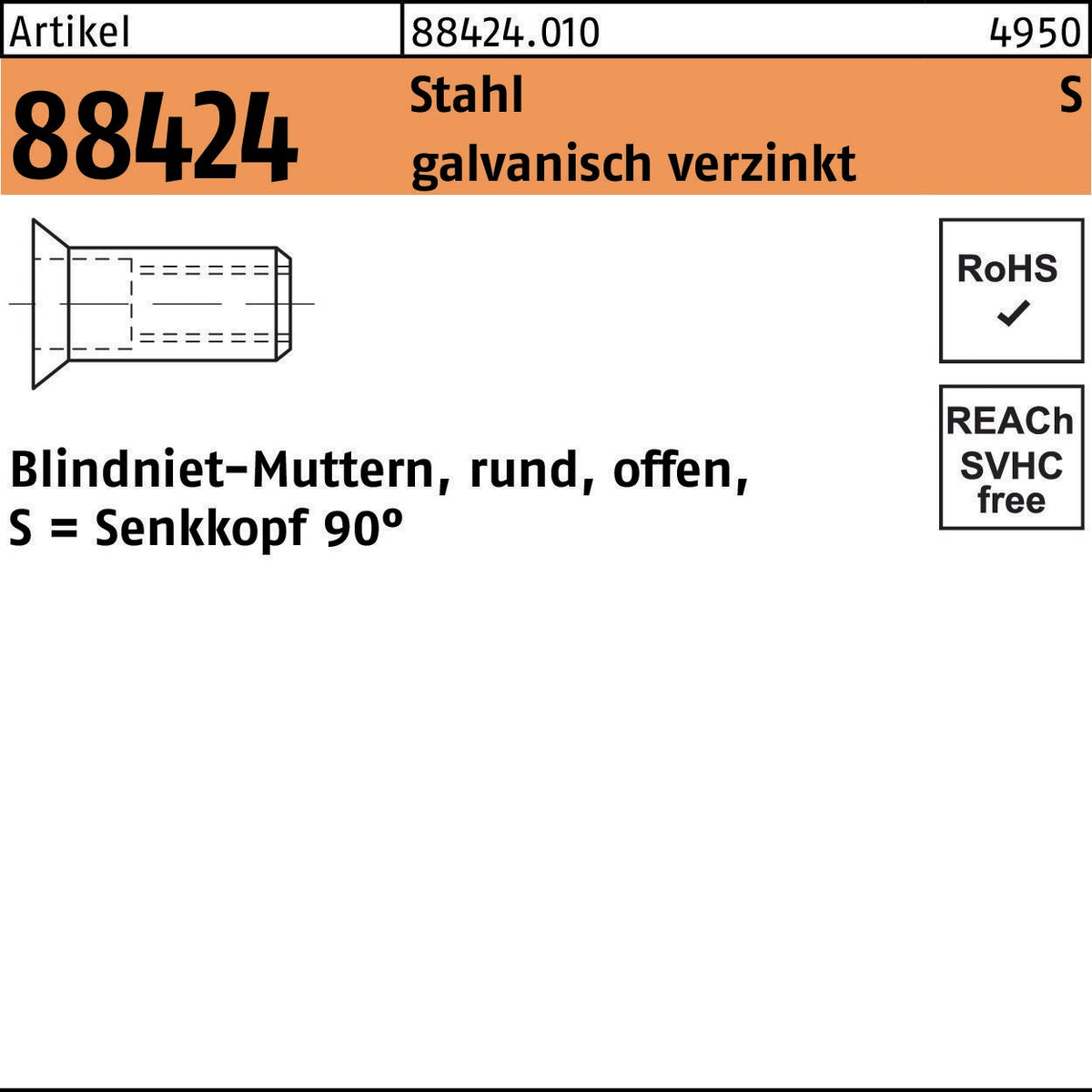 Blindnietmutter R 88424 SEKO M4 /1,5-3,5 Stahl galvanisch verzinkt 500 Stück