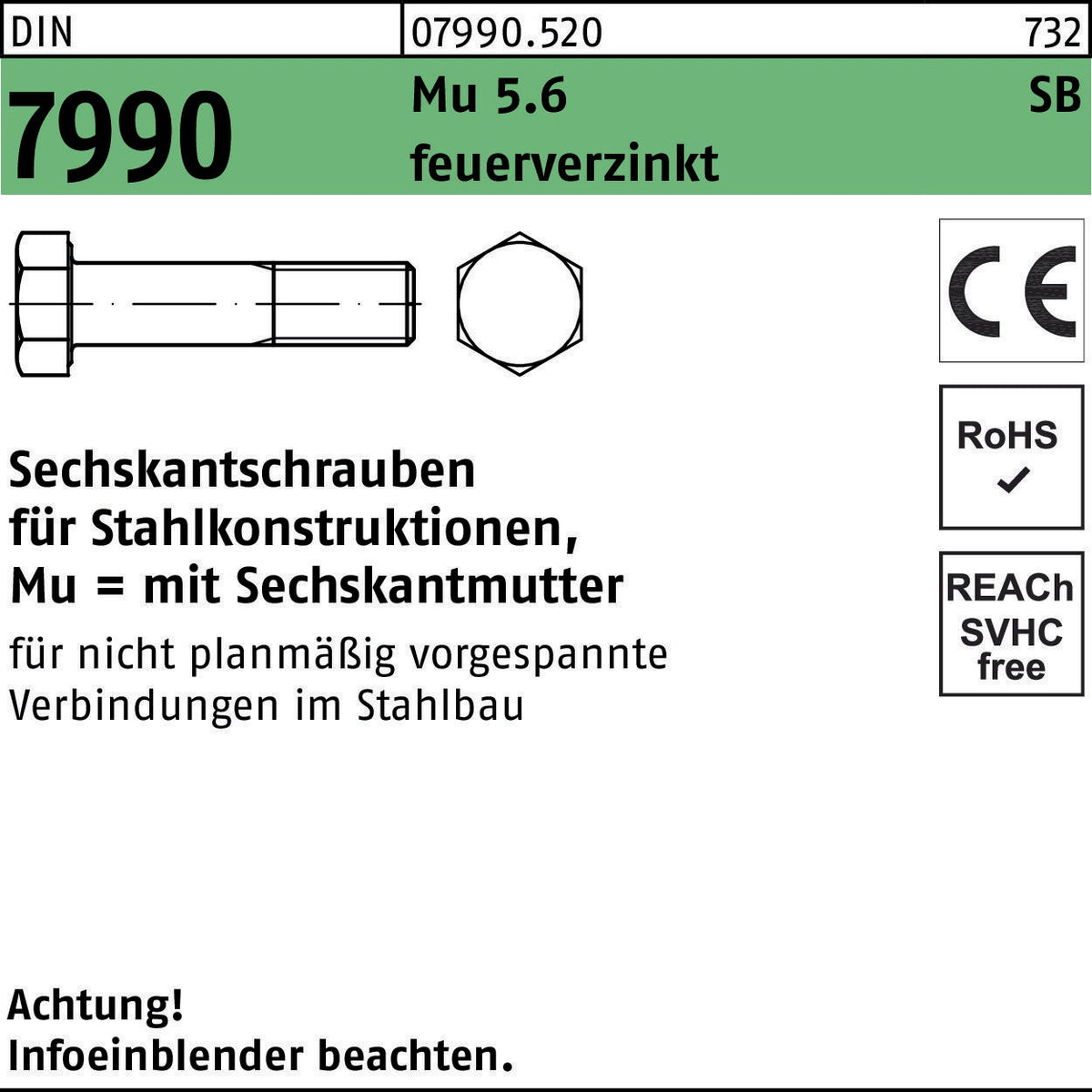 F. REYHER Sechskantschraube DIN 7990 mit Sechskantmutter M12x35 5.6 feuerverzinkt 100 Stück