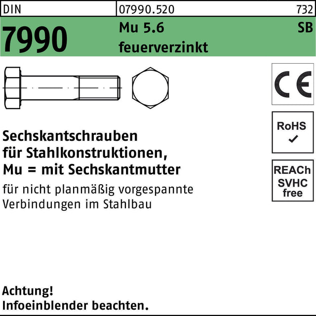 F. REYHER Sechskantschraube DIN 7990 mit Sechskantmutter M12x35 5.6 feuerverzinkt 100 Stück