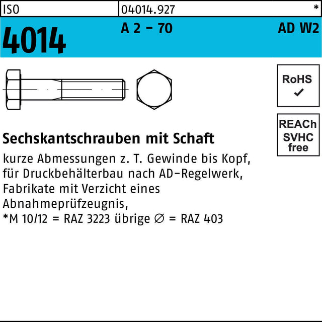 F. REYHER Sechskantschraube ISO 4014 M10x75 A2-70 mit Schaft