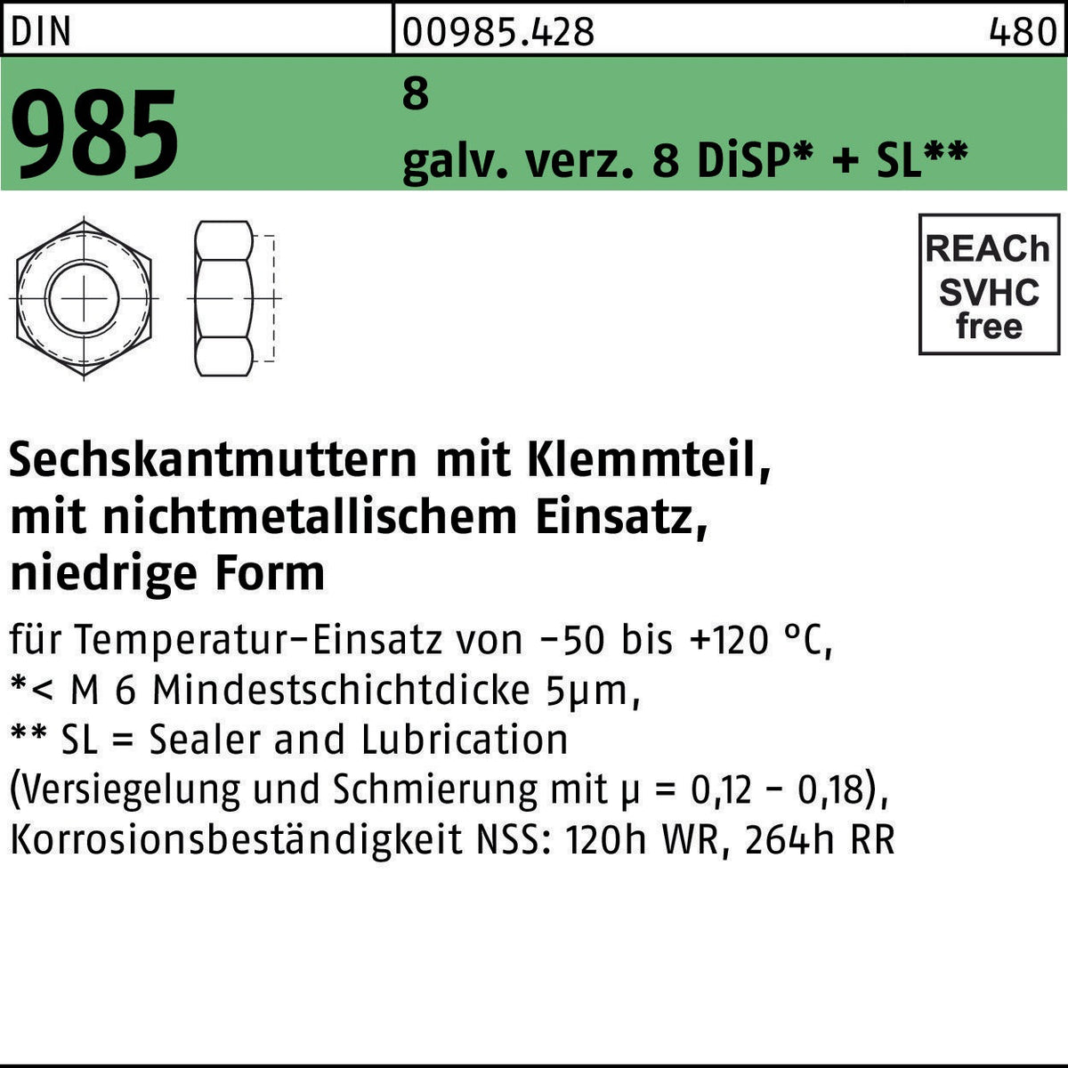 F. REYHER Sechskantmutter DIN 985 mit Klemmteil M3 verzinkt 1000 Stück