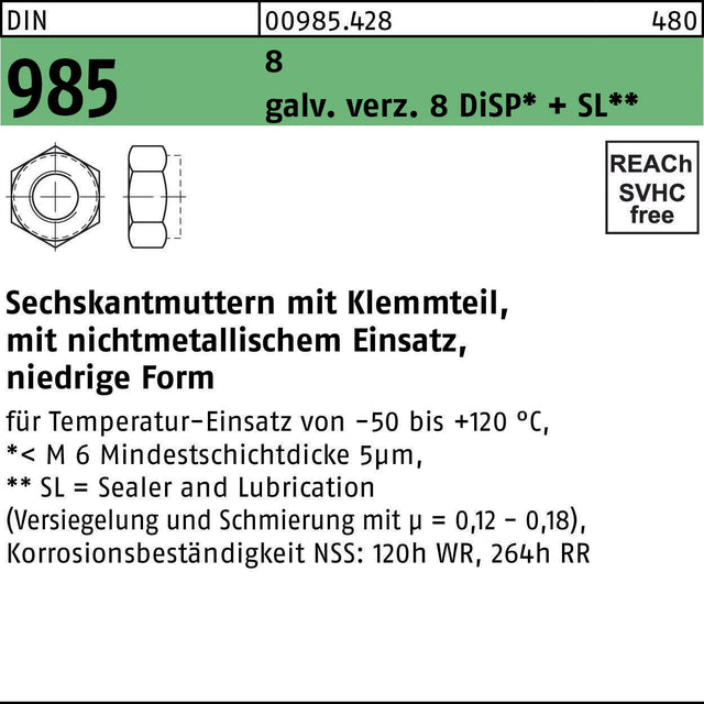F. REYHER Sechskantmutter DIN 985 mit Klemmteil M3 verzinkt 1000 Stück