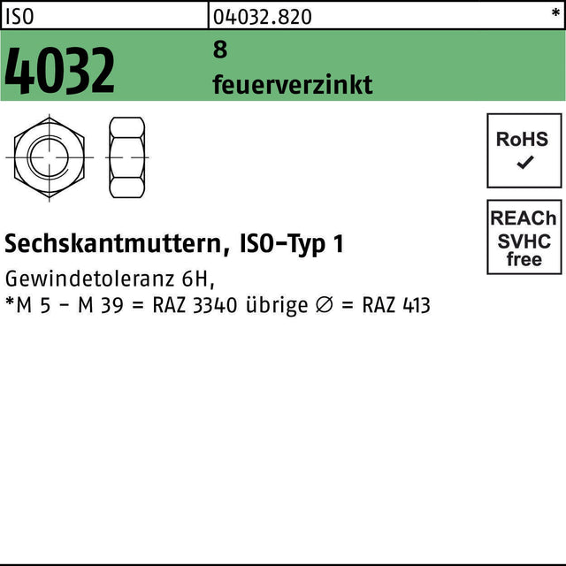 BUFAB Sechskantmutter ISO 4032 M10 8 feuerverzinkt – 500 Stück