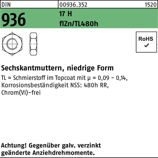 F. REYHER Sechskantmuttern DIN 936 M8 17 H flZn/TL 480h – 1000 Stück