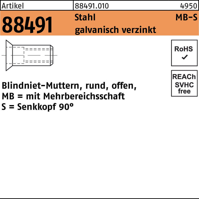 F. REYHER Blindnietmutter R 88491 M4/1,5–6,0 mm Stahl verzinkt