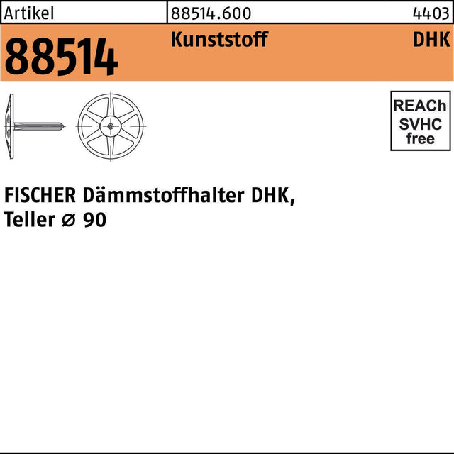 FISCHER Dämmstoffhalter DHK 40 mm mit 90 mm Teller – 250 Stück Kunststoff