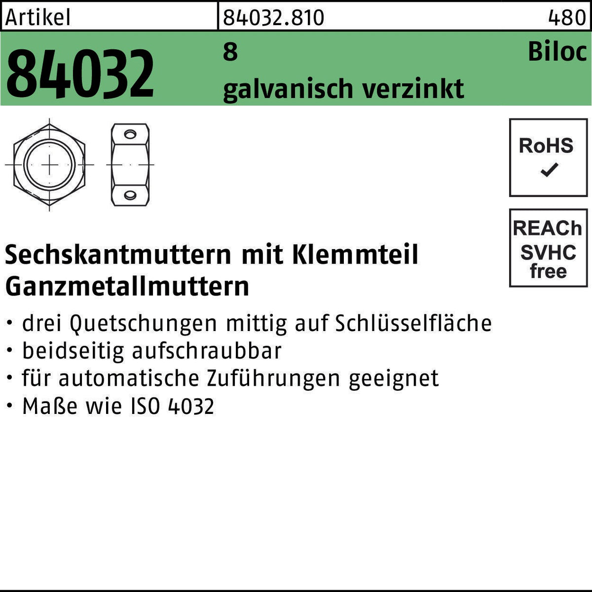 Sechskantmutter R 84032 Biloc Klemmteil M5 von REYHER – 1000 Stück, galvanisch verzinkt