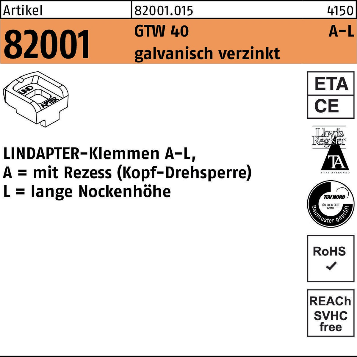 LINDAPTER Klemmen R 82001 GTW 40 KM 10/4,0 – Form A-K, galvanisch verzinkt