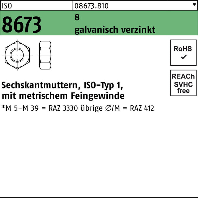 F. REYHER Sechskantmutter ISO 8673 M 45 x 3, 8 galvanisch verzinkt