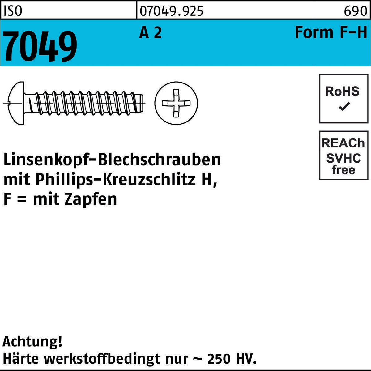 F. REYHER Linsenkopf-Blechschrauben ISO 7049 A2, 2,9 x 6,5 mm, Form F-H