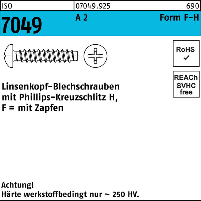 F. REYHER Linsenkopf-Blechschrauben ISO 7049 A2, 2,9 x 6,5 mm, Form F-H