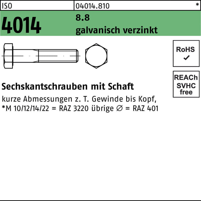 F. REYHER Sechskantschraube ISO 4014 M 18 x 240 mm 8.8 galvanisch verzinkt