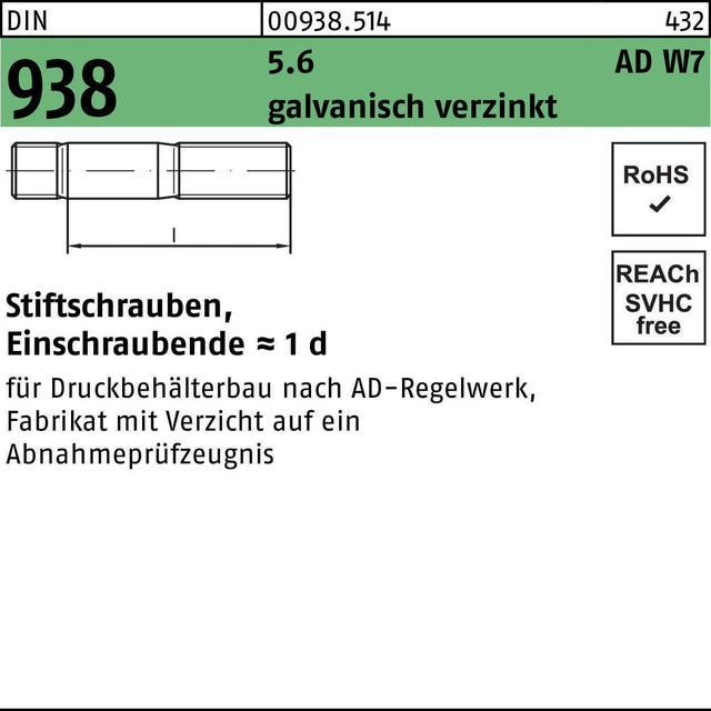 F. REYHER Stiftschraube DIN 938 M20x80 5.6 galvanisch verzinkt