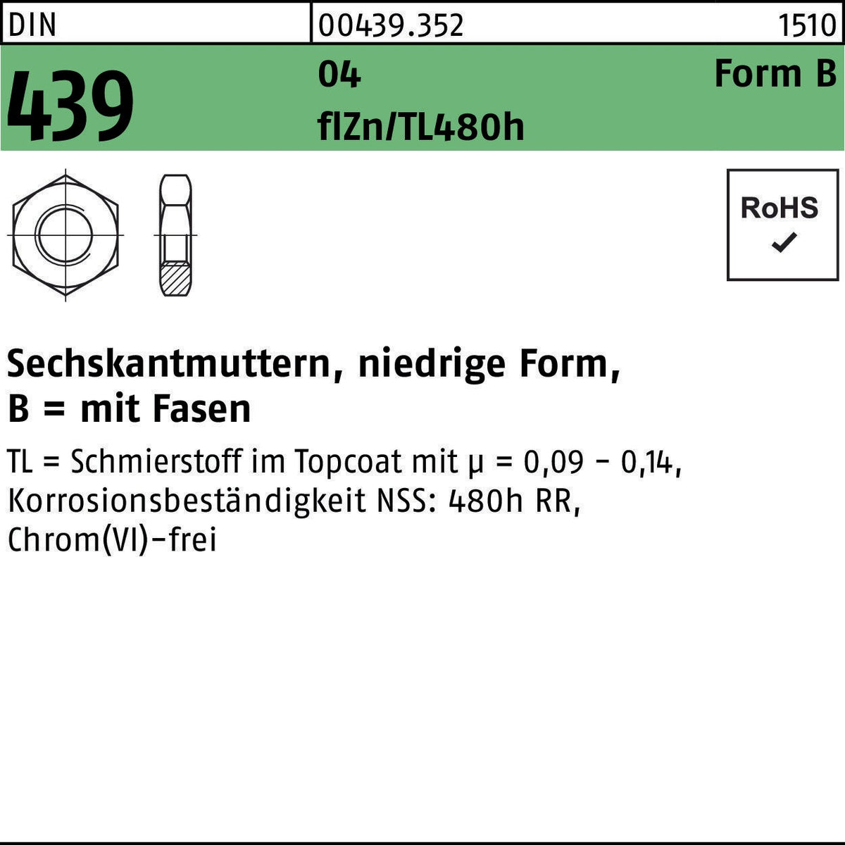 F. REYHER Sechskantmutter DIN 439 Form B M20 zinklamellenbeschichtet 50 Stück