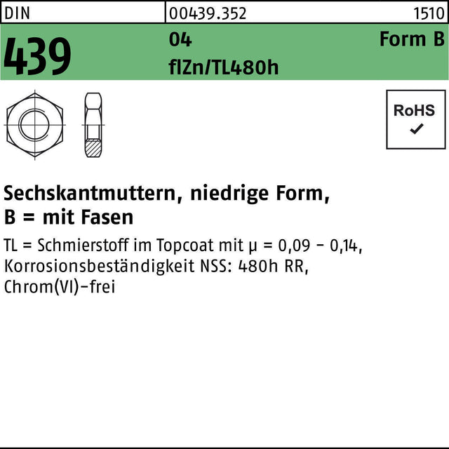 Sechskantmutter DIN 439 Form B M10 verzinkt, 500 Stück von F. REYHER