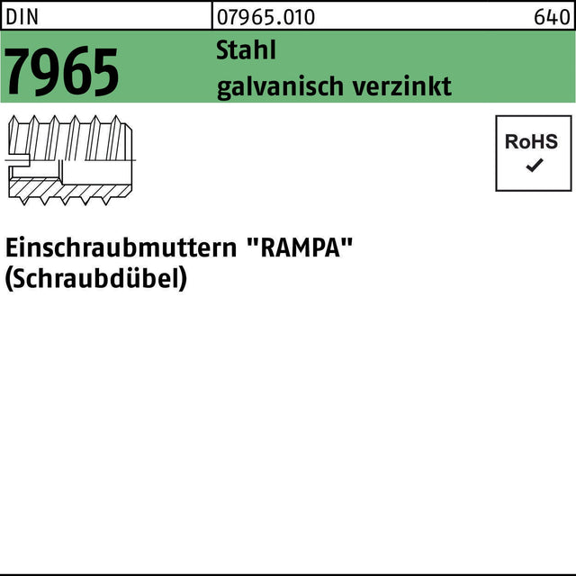 Einschraubmutter DIN 7965 M3 x 8 mm Stahl galvanisch verzinkt 100 Stück von F. REYHER