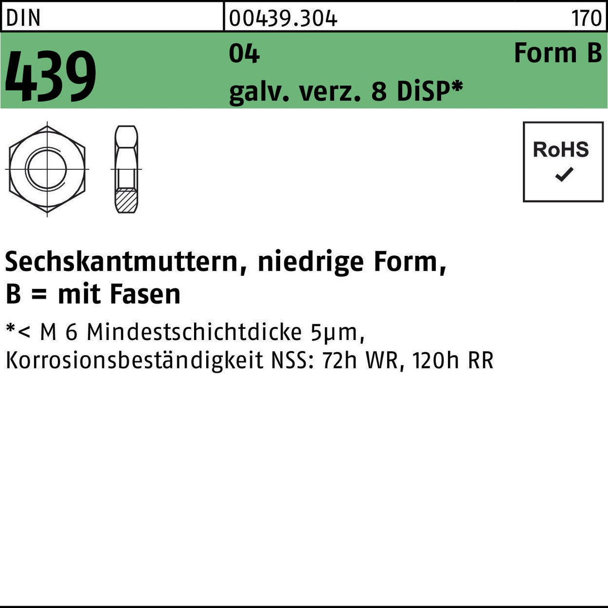 F. REYHER Sechskantmuttern DIN 439 Form B M3 verzinkt 1000 Stück