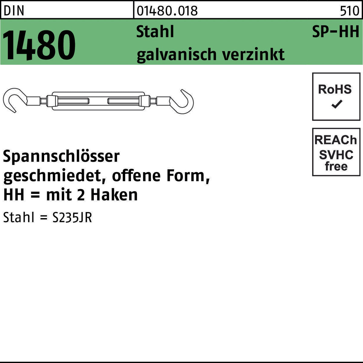 F. REYHER Spannschloss DIN 1480 offen mit 2 Haken M6 Stahl verzinkt