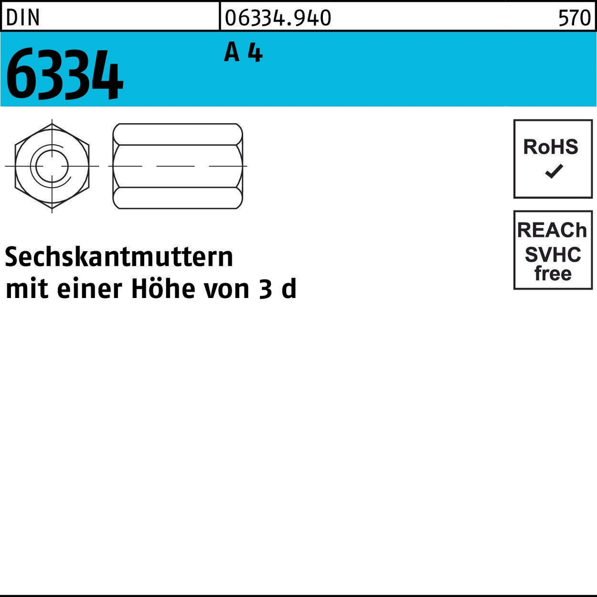 F. REYHER Sechskantmutter DIN 6334 M8 SW 13, 100 Stück, verzinkt, 10er-Pack