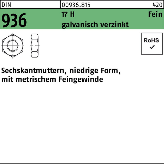 F. REYHER Sechskantmutter DIN 936 M8x1 17 H galvanisch verzinkt – 100 Stück