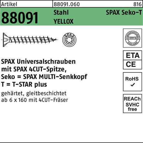 SPAX Seko-T Universalschrauben 3x12 mm T-STAR plus Senkkopf YELLOX 1000 Stück