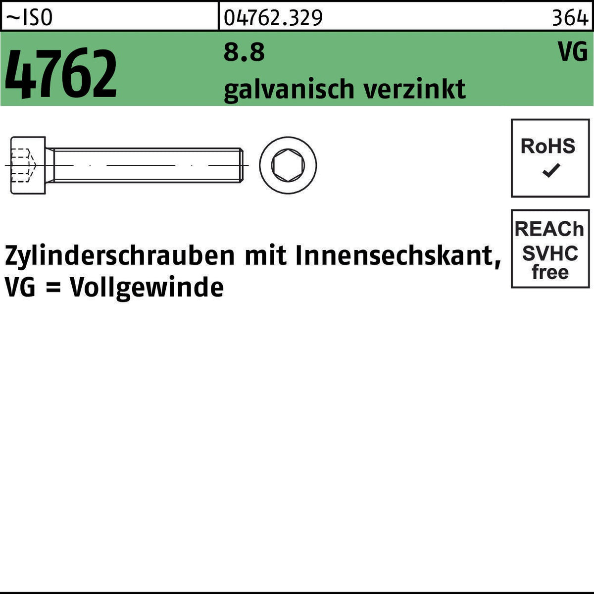 F. REYHER Zylinderschraube ISO 4762 Innensechskant M12x80 mm 8.8 verzinkt