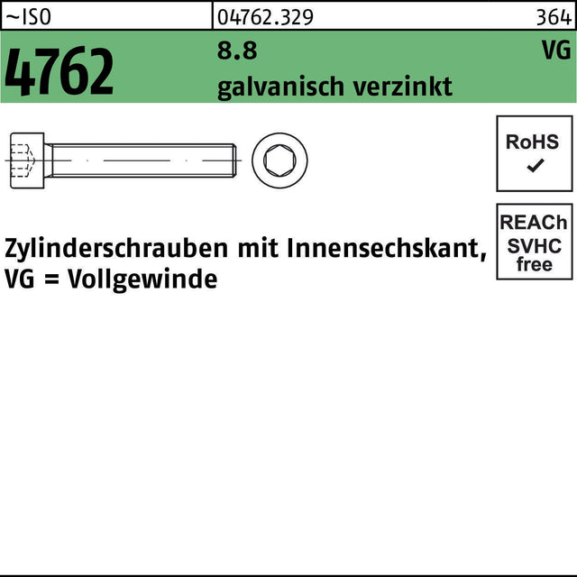 F. REYHER Zylinderschraube ISO 4762 Innensechskant M12x80 mm 8.8 verzinkt