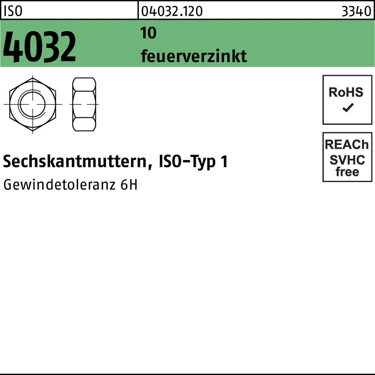 BUFAB Sechskantmutter ISO 4032 M12 feuerverzinkt – 100 Stück