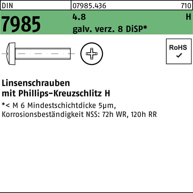 F. REYHER Linsenschraube DIN 7985 PH M6x25-H 4.8 galvanisch verzinkt