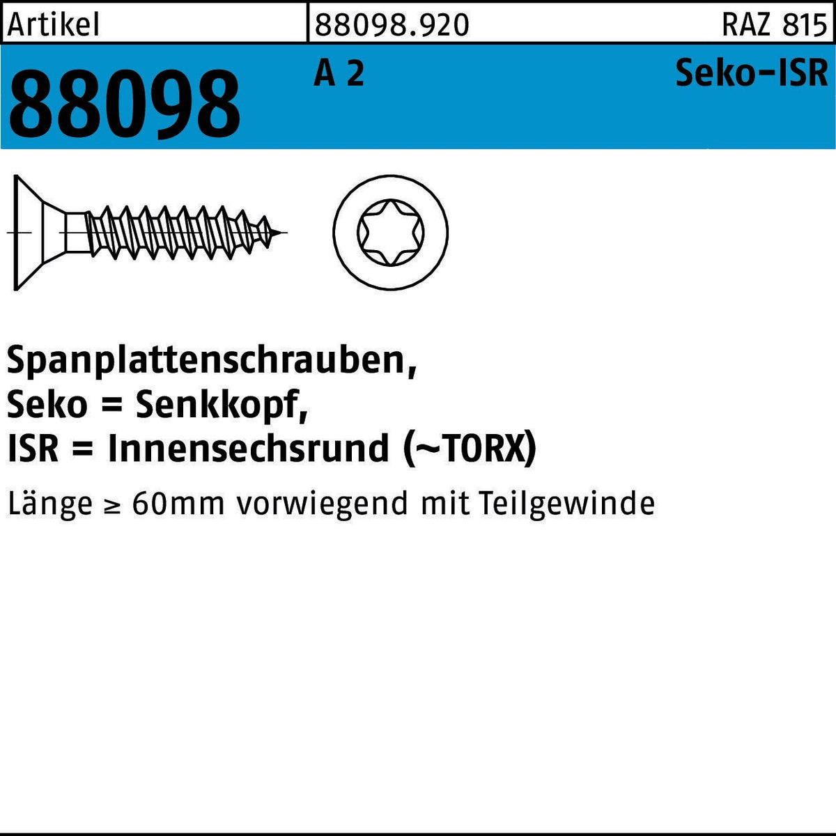 REYHER Spanplattenschrauben 8 x 90 mm T40 A2 – 50 Stück Seko-ISR