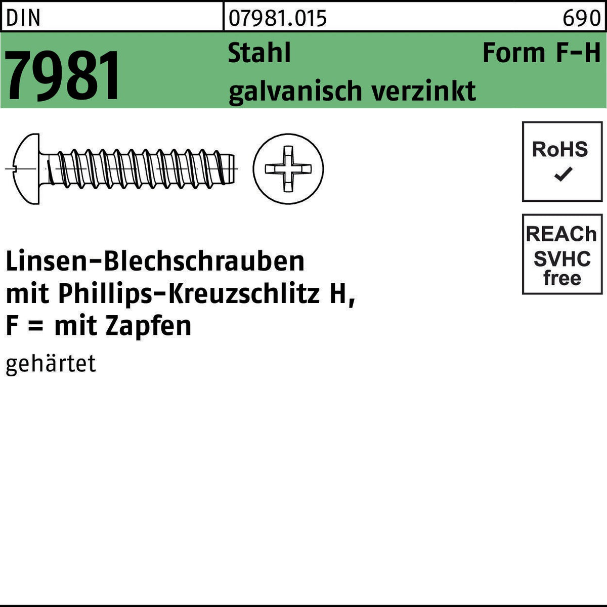 F. REYHER Linsen-Blechschrauben DIN 7981 Form F-H 4,8x9,5 mm Stahl verzinkt 500 Stück