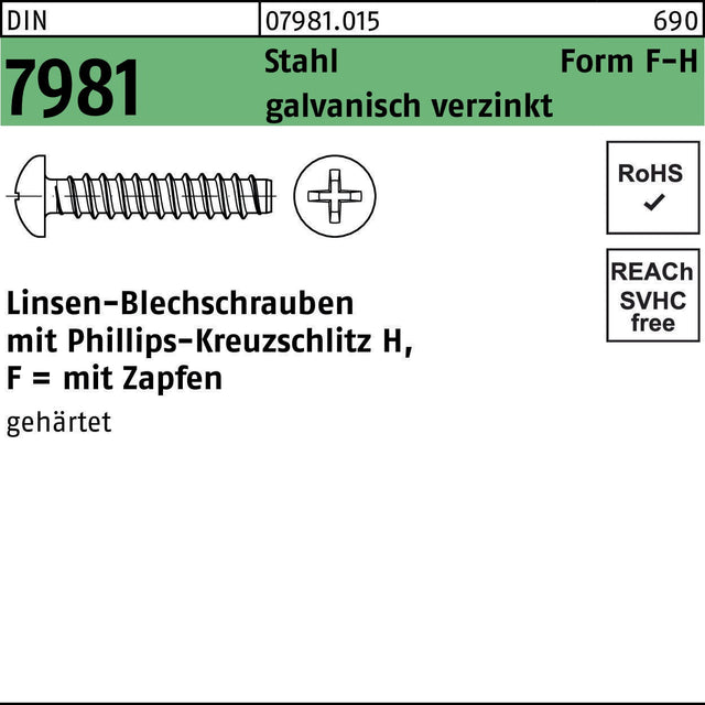 F. REYHER Linsen-Blechschrauben DIN 7981 Form F-H 4,8x9,5 mm Stahl verzinkt 500 Stück