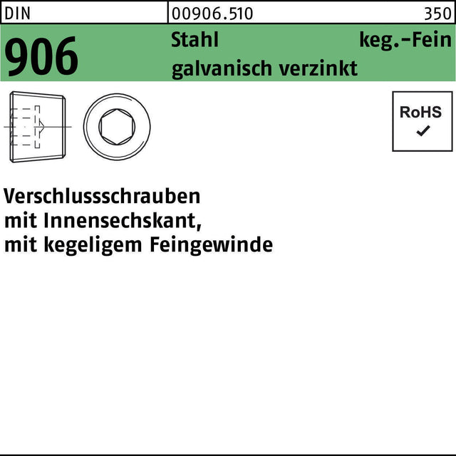 F. REYHER Verschlussschraube DIN 906 Innen-6kt M8x1 Stahl verzinkt