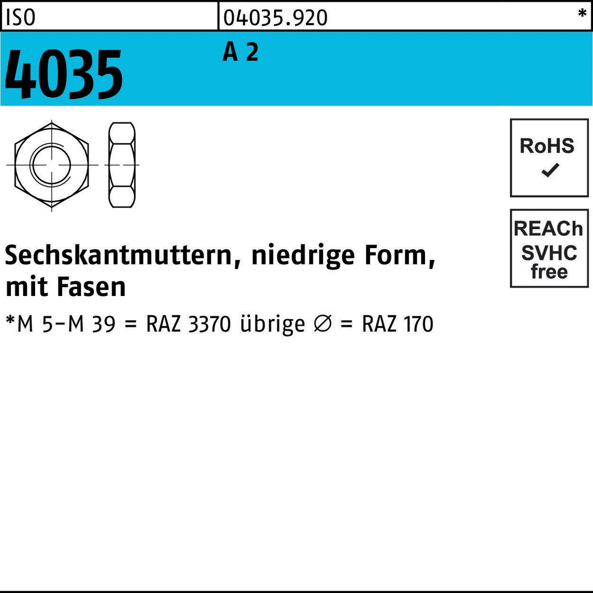 Sechskantmutter ISO 4035 niedrig M18 A2 Edelstahl von F. REYHER – 10 Stück