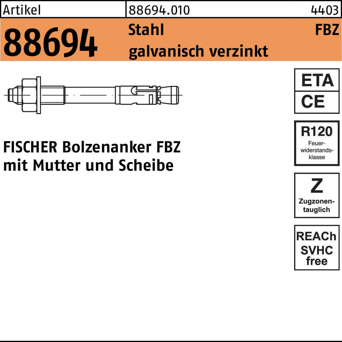FISCHER Bolzenanker FBZ 16/25 Stahl galvanisch verzinkt 10 Stück