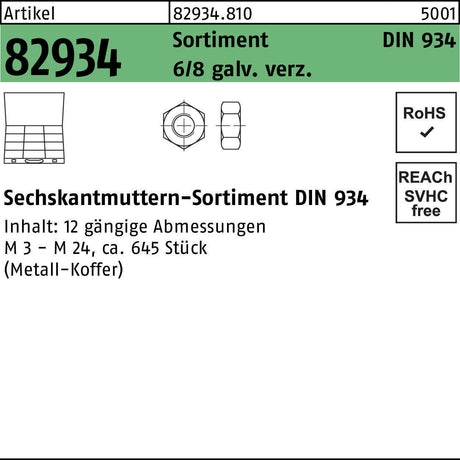 F. REYHER Sechskantmuttern-Sortiment DIN 934 645-teilig 8 galvanisch verzinkt