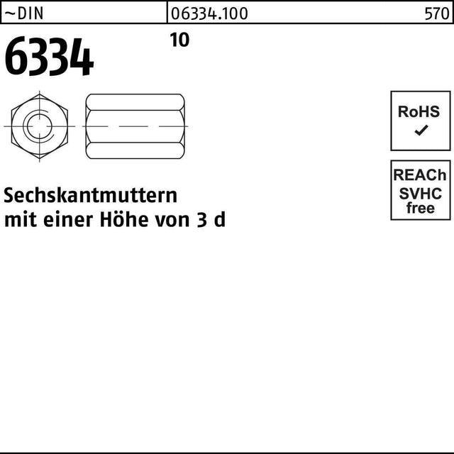 F. REYHER Sechskantmutter DIN 6334 M8 SW 13, 100 Stück, verzinkt, 10er-Pack